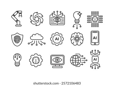 Machine learning, artificial intelligence icon set. Emerging future tech, computing outlined symbols. AI for presentation, web mobile app, marketing, business, modern line art. Vector illustration