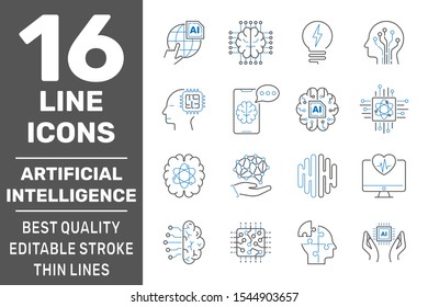 Machine learning and artificial intelligence icons set. Deep learning neural network concept. Editable Stroke. EPS 10