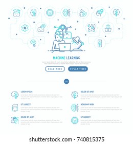 Machine learning and artificial intelligence infographics. Web developer is working on laptop. Vector illustration for template of web page.