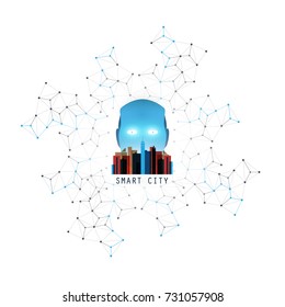 Machine Learning, Artificial Intelligence and IoT Networks Design Concept with Smart City Symbol and Robot Head