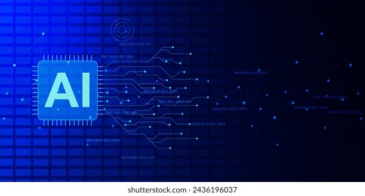 Machine learning, artificial intelligence with microchip, electronic board and binary code. Smart network digital technology concept background. Vector illustration.