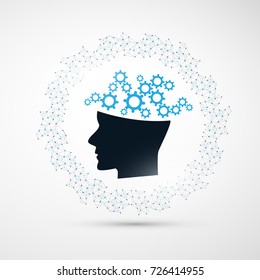 Machine Learning, Artificial Intelligence and Networks Design Concept with Wireframe and Human Head