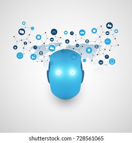 Machine Learning, Artificial Intelligence and Networks Design Concept with Network Mesh and Robot Head