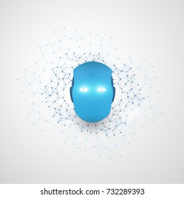 Machine Learning, Artificial Intelligence and Networks Design Concept with Network Mesh and Robot Head