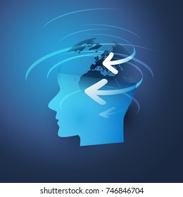 Machine Learning, Artificial Intelligence and Networks Design Concept with Earth Globe Inside of a Human Head - Vector Design