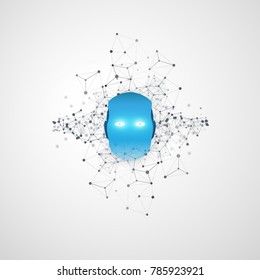 Machine Learning, Artificial Intelligence Scientific Research and Networks Design Concept with Wire Frame Mesh and Robot Head