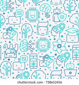 Machine learning and artificial intelligence seamless pattern with thin line icons. Vector illustration for banner, web page, print media.