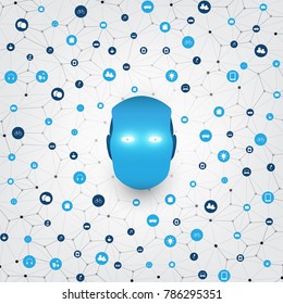 Machine Learning, Artificial Intelligence Smart Technology and Networks Design Concept with Icons and Robot Head