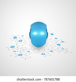 Machine Learning, Artificial Intelligence Smart Technology and Digital Networks Design Concept with 3D Mesh, Icons and Robot Head