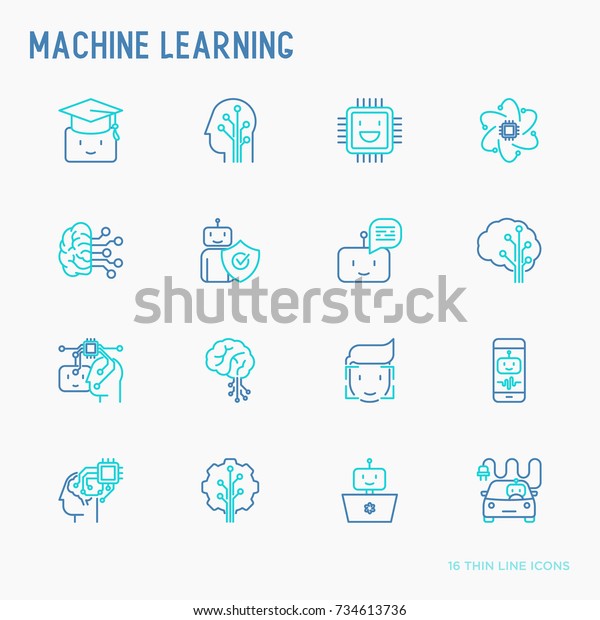 Machine\
learning and artificial intelligence thin line icons set. Vector\
illustration for banner, web page, print\
media.