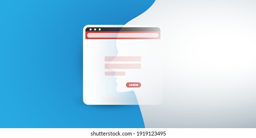 Machine Learning, Artificial Intelligence in Web Development - Website Login Screen with AI Symbol, Human Head Silhouette - Concept Design, Template with Copyspace