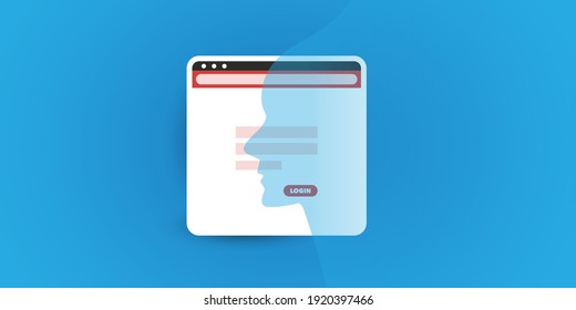 Machine Learning, Artificial Intelligence in Web Development - Website Login Screen with AI Symbol, Human Head Silhouette - Concept Design, Template with Copyspace