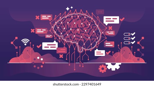Machine learning and autonomous smart AI technology training outline concept. Artificial intelligence as brain with neuron mesh for information research and logic data analysis vector illustration.