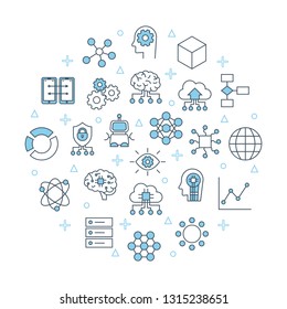 Machine learning banner. For ai brain technology app icons, digital human, artificial intelligence poster round concept Big data, deep learning elements template. Thin line web symbols mining flat