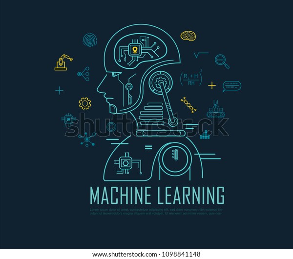Machine learning banner, artificial\
intelligence, Machine learning and Deep learning flat line vector\
banner with icons on blue\
background.