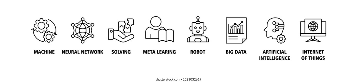 Banner de aprendizado de máquina ícone web conjunto conceito de ilustração vetorial com ícone de máquina, rede neural, resolução, meta aprendizagem, robô, big data, inteligência artificial, internet de coisas infográficos