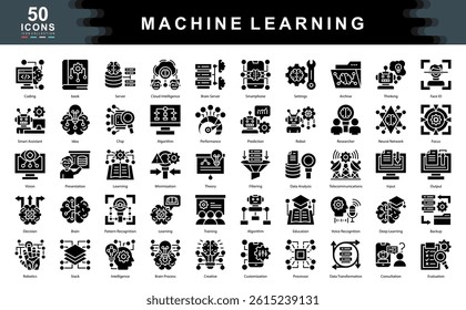 The Machine Learning black icon set illustrates essential concepts like algorithms, neural networks, and data analysis ideal for tech presentations, AI platforms, and educational content.