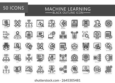 O conjunto de ícones de contorno preto do aprendizado de máquina. contém algoritmo, cérebro, computação, rede neural, automação, aprendizagem profunda, dados e muito mais. Vetor para interface do usuário, kit UX, web e app, educação, indústria.