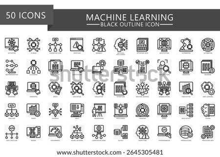 Machine learning black outline icons set. contain algorithm, brain, computation, neural network, automation, deep learning, data and more. Vector for UI, UX kit, web and app, education, industry.
