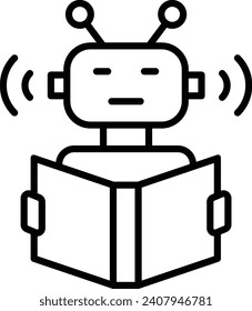 machine learning bot concept, robot holding a book vector line icon design, predictive modeling or adaptive control symbol, artificial intelligence sign, neural circuit illustration