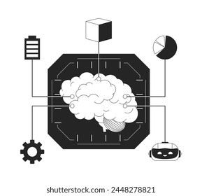 Machine learning brain black and white 2D illustration concept. Data analytics software. Computing platform cartoon outline object isolated on white. Digital processing metaphor monochrome vector art