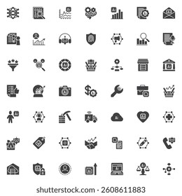 Machine Learning in Business vector icons set, modern solid symbol collection, filled style pictogram pack. Signs, logo illustration. Set includes icons as Neural Network, AI Marketing, Ecommerce