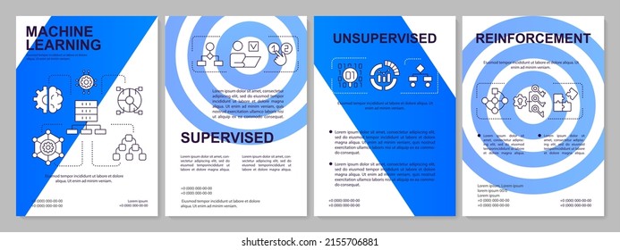 Machine learning categories blue brochure template. Data processing. Leaflet design with linear icons. 4 vector layouts for presentation, annual reports. Arial-Black, Myriad Pro-Regular fonts used