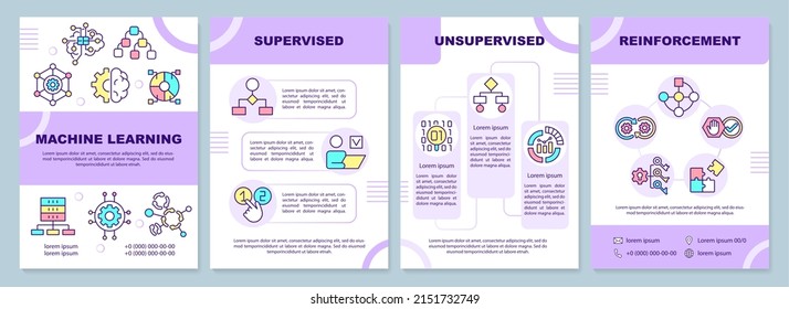 Machine Learning Categories Brochure Template. Data Processing. Leaflet Design With Linear Icons. 4 Vector Layouts For Presentation, Annual Reports. Arial-Black, Myriad Pro-Regular Fonts Used