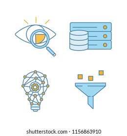 Machine learning color icons set. Retina scan, database, innovation process, data filtering. Isolated vector illustrations