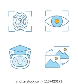Machine learning color icons set. Fingerprint scanning, iris recognition, teacher bot, data transforming. Isolated vector illustrations