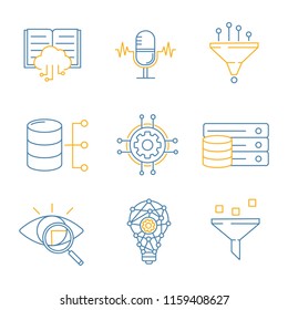 Machine learning color linear icons set. Artificial intelligence. Database. AI. Digital technology. Thin line illustrations. Isolated vector illustrations