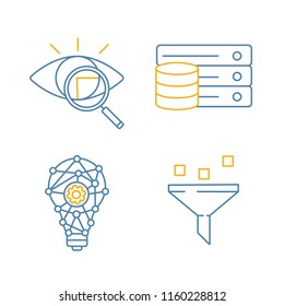 Machine learning color linear icons set. Retina scan, database, innovation process, data filtering. Thin line illustrations. Isolated vector illustrations
