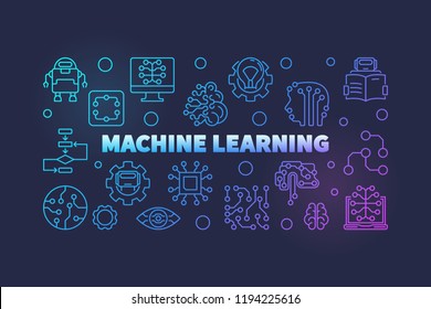 Machine Learning Colored Horizontal Vector Illustration Or Banner In Thin Line Style On Dark Background