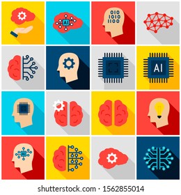 Machine Learning Colorful Icons. Vector Illustration. Set of Flat Rectangle Computer Items with Long Shadow.