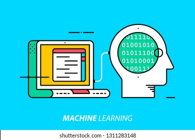 Machine learning. Colorful illustration on bright cyan background. Modern outline style. 
