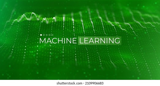 Machine learning concept. Abstract green particle background. Flow wave with dot landscape. Digital data structure. Future mesh or sound grid. Pattern point visualization.
