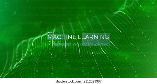 Machine learning concept. Abstract green particle background. Flow wave with dot landscape. Digital data structure. Future mesh or sound grid. Pattern point visualization.