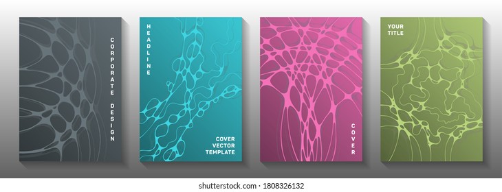 Machine learning concept abstract vector covers. Overlapping curve lines torrent textures. Delicate title page vector layouts. Engineering cover pages graphic design set.