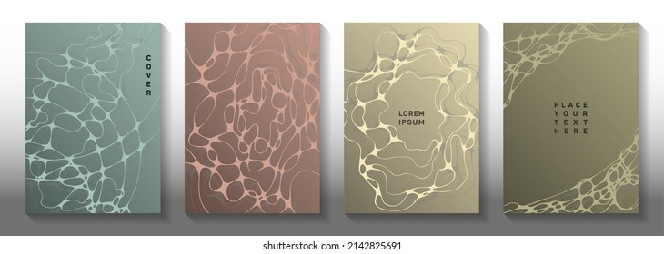 Machine learning concept abstract vector covers. Complex curve lines tissue backgrounds. Minimal banner vector layouts. Radio physics cover pages graphic design set.