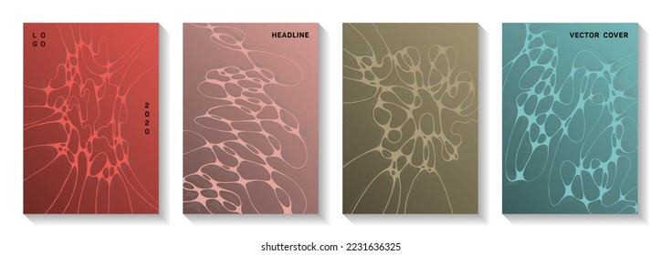 Machine learning concept abstract vector covers. Complex curve lines flux backdrops. Abstract notebook vector templates. Radio physics cover pages graphic design set.