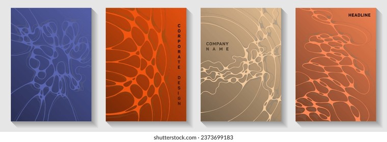 Machine learning concept abstract vector covers. flexible curve lines network textures. Soft title page vector templates. Hi tech cover pages graphic design set.