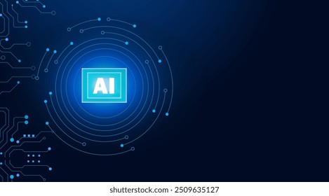 Conceito de aprendizado de máquina. Inteligência artificial fundo azul. Placa de circuito abstrata AI. Ilustração vetorial