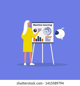 Machine learning concept. Cute cartoon robot hovering near by a flip chart. Young female character / editable flat vector illustration, clip art