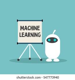 Machine learning concept. Cute cartoon robot standing near by a flip chart / editable flat vector illustration, clip art