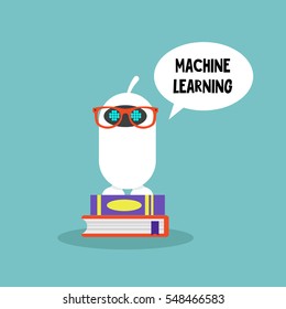 Machine learning concept. Cute cartoon robot wearing glasses and standing on a pile of books  / editable flat vector illustration, clip art