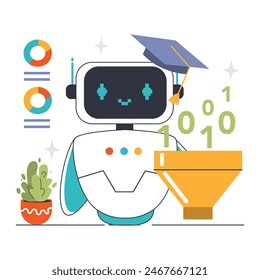 Machine Learning concept. An endearing robot with graduation cap represents the educational journey in AI. Data filtering to knowledge. Flat vector illustration