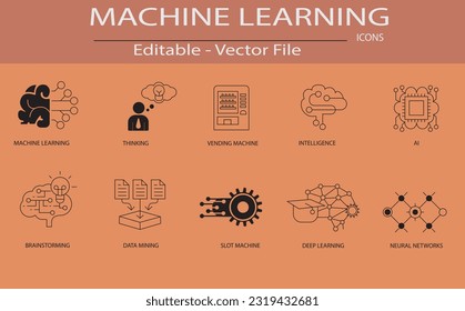 Machine learning concept icons use designed for Contains such icons as algorithms, data mining, smart intelligence, brainstorming, thinking, and more, which can be used for web and apps.