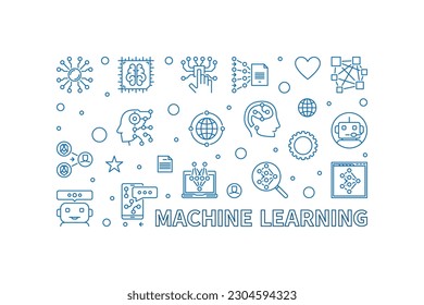 Machine Learning concept outline horizontal banner - vector ML Technology linear illustration