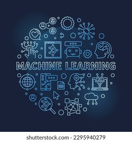 Machine Learning concept thin line round blue banner. ML Technology vector illustration on dark background 