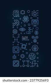 Machine Learning concept vector outline blue vertical banner. ML Technology illustration with dark background